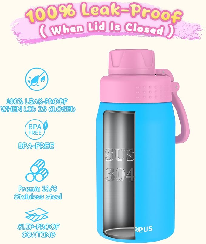 GOPPUS 15oz Kids Water Bottle with Spout Lid, Toddler Water Bottle, Stainless Steel Insulated Water Bottle, Leakproof, BPA Free, Suitable for Boys and Girls for School（Sky Blue）