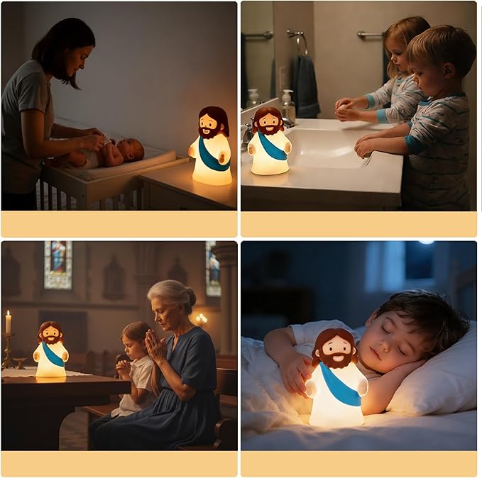magical JD Little Jesus Night Light, Mini Silicone Jesus Lamp, Dimmable Rechargeable Touch Bedside Lamp for Nursery & Kids, Ideal Religious Gift for Christmas, Easter and Baptism (Blue)