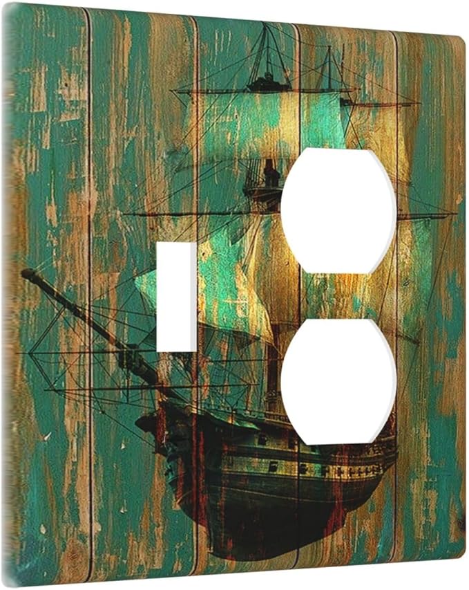 Wallplates Rustic Green Wood Grain Sailboat 1 Toggle 1 Duplex Switch Plate Electrical GFCI Faceplate Decorative Light Switch Covers for Farmhouse Bedroom Decor
