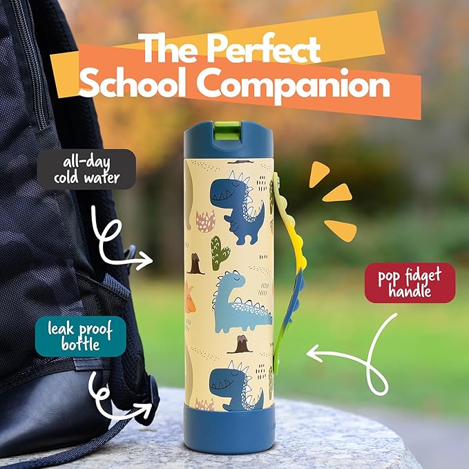 Elemental Iconic Kids Water Bottle for School - 100% Leak-Proof Insulated Water Bottles with Straw Lid & Pop-It Handle for Boys & Girls - Triple-Wall Insulated & BPA-Free, 20oz – Dinosaur