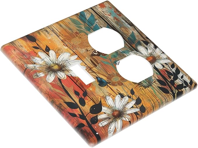 Light Switch Cover Plate Vintage Wooden Daisies Butterflies Floral 2 Gang Decorative Switch Plates 1 Toggle Duplex Combo Outlet Covers GFCI Wall Plates for Bathroom Farmhouse Decor