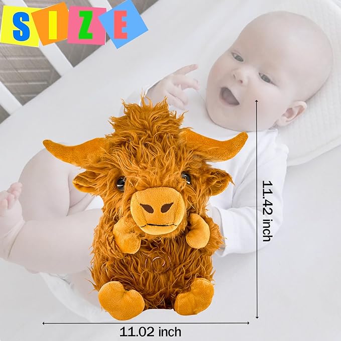 Highland Cow Soothing Breathing Stuffed Animal for Anxiety Kids, Sleeping Cow Plush Toy, Anxiety Stuffed Animal with Realistic Breathing Action and Lighted Music Easter Basket Stuffers