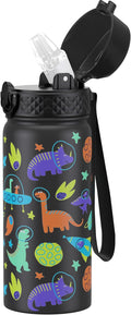 GOPPUS Kids Water Bottle (Straw Lid) - 18 Oz Stainless Steel Travel Bottle, Double Wall Vacuum Leak Proof Kids Cup for School Boys Girls,Space dinosaur