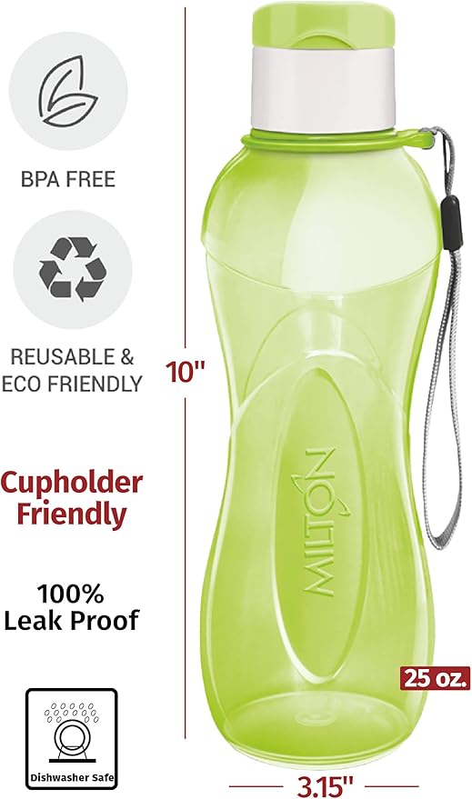 MILTON Sports Water Bottle Kids Reusable Leak-proof 25 oz 56 Set Plastic Wide Mouth Large Big Drink Bottle BPA & Leak Free With Handle Strap Carrier For Cycling Camping Hiking Gym Yoga