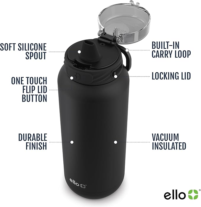 Ello Cooper 22oz Stainless Steel Water Bottle Vacuum Insulated with Straw and Carry Handle, Leak Proof Locking Lid with Soft Silicone Spout, Fits Car Cupholder, Dishwasher Safe, Figgy Pudding