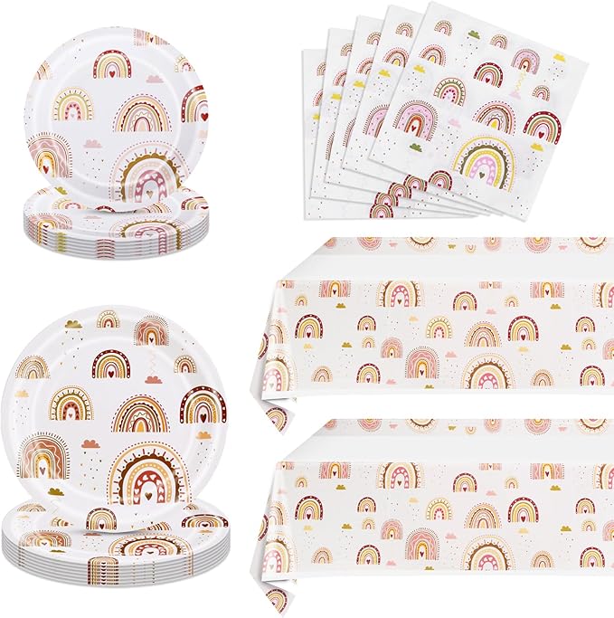 Ryzovo 62 Pcs Boho Rainbow Party Supplies Boho Rainbow Baby Shower Tableware Set Including Paper Plates Napkins Tablecloth for Girls Kids Groovy Boho Birthday Party Baby Shower Decorations | Serve 20