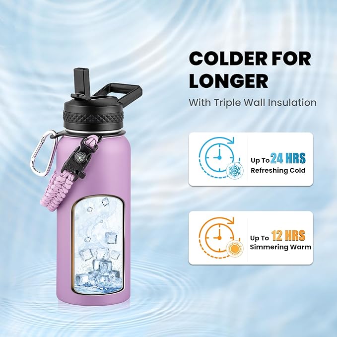 RAYMYLO Insulated Water Bottle 32 oz, Triple Wall Vacuum Stainless Steel (Cold for 24Hrs, Hot for 12Hrs), Leak Proof & Non-BPA, Modern Water Flask Jug with Paracord Handle & Straw Spout Lids