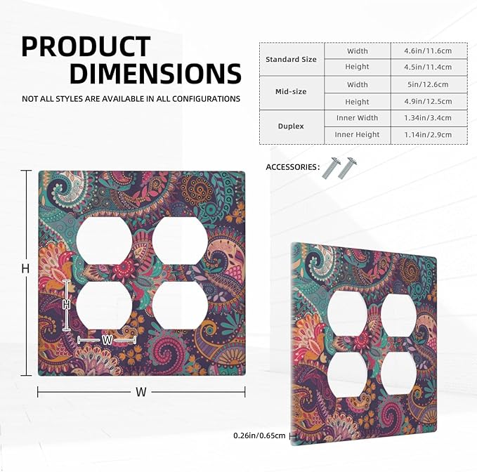 Mandala Boho Paisley Purple Floral Colorful Flower Outlet Covers 2 Gang Double Duplex Decorative Light Switch Covers Electrical Wallplates Socket Faceplate for Home Bedroom Decor
