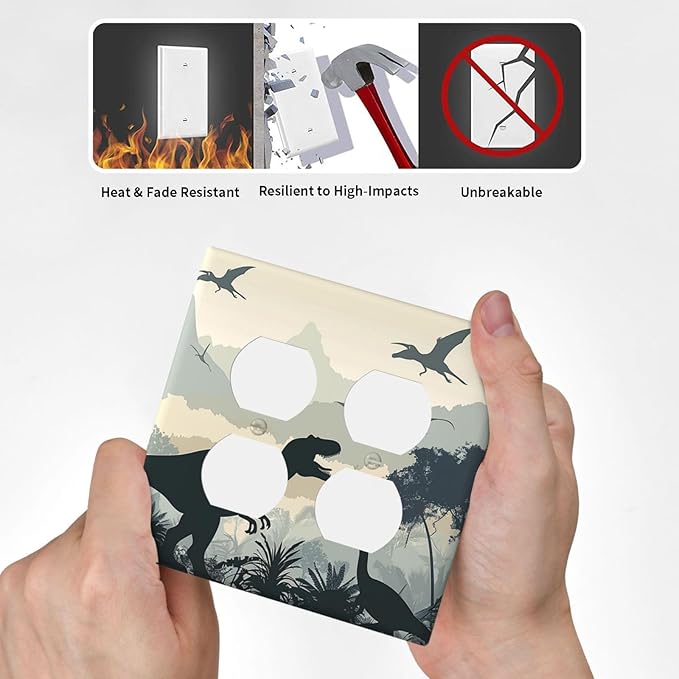 Outlet Covers Prehistoric World Dinosaur Cartoon Fores 2 Gang Double Duplex Decorative Light Switch Covers Electrical Wallplates Socket Faceplate for Kids Room Nursery Decor