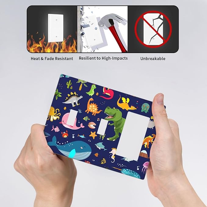 Cute Blue Dinosaur 3-Gang Combination Double Toggle/Single Decorator Outlet Wall Plate Cartoon Ocean Dolphin Animal Boys Kids Whale Electric Decorative 2-Toggle 1-Rocker/GFCI Combo Light Switch Cover