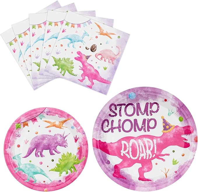 WERNNSAI Girl Dinosaur Party Decorations - 48 PCS Dinosaur Plates and Napkins Pink Dino Birthday Decorations Dino Party Plates Tableware for Kids Birthday Baby Shower Decorations Serves 16 Guests