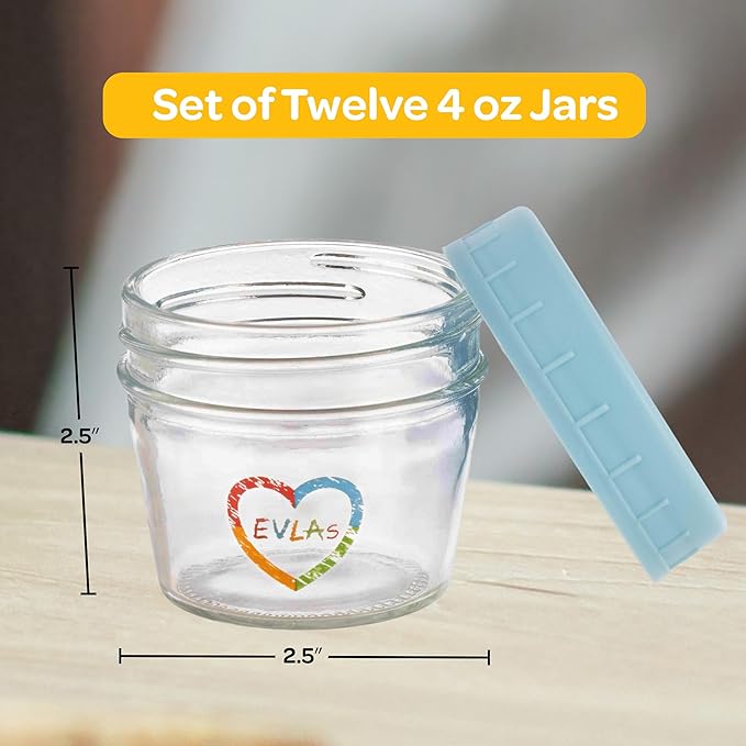 EVLA'S Baby Food Containers 12-Pack - 4 oz Glass Jars with Lids - BPA-Free, Microwave, Freezer, and Dishwasher Safe Glass Baby Food Jars or Toddler Snack Containers for Kids Purees or Breastmilk