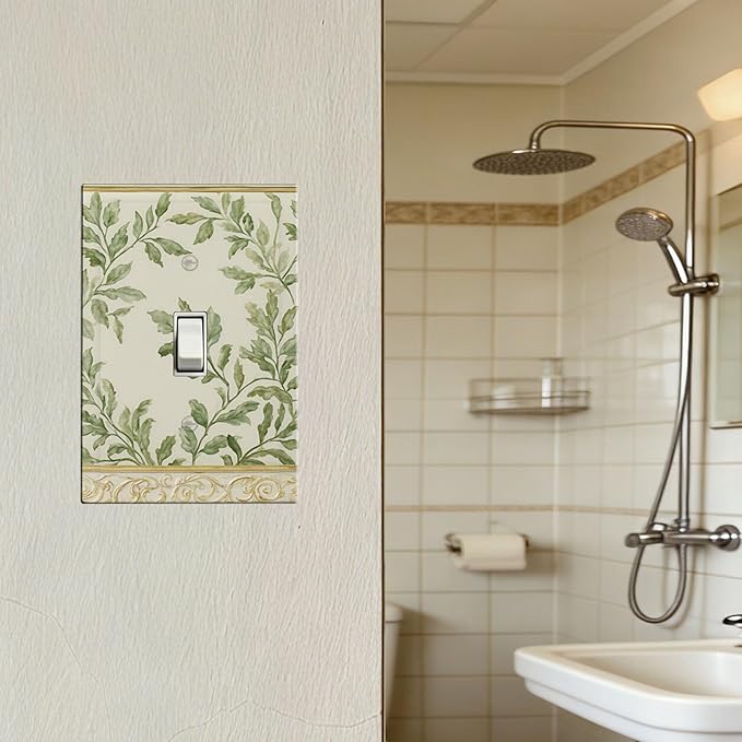 Soft Green Botanical Scroll 1-Gang Toggle Light Switch Plate, Regency Style Leafy Vine Design Decorative Wall Plate for Bedroom Living Room Decor