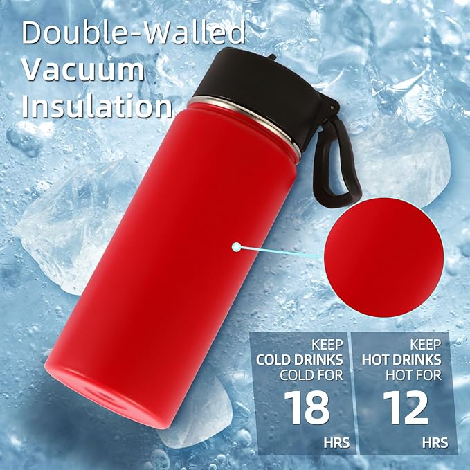 Volhoply 16 OZ Kids Water Bottle Bulk 2 Pack,Insulated Sports Bottles with Straw Lid,Stainless Steel Bottle with Handle Keep Cold & Hot,Double Wall Vacuum Tumbler Cups for School,Girls(Red, 2)