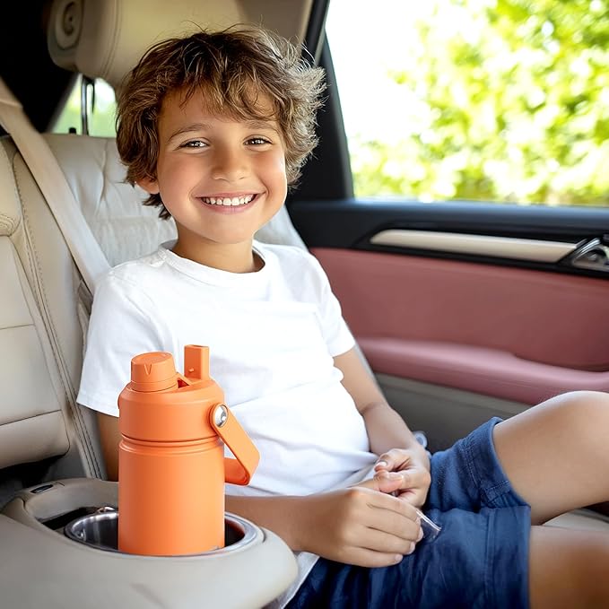 Kids Insualated Water Bottle with Straw,18oz Stainless Steel Water Bottle with Dual Spouts, Leak-Proof,BPA-Free,Double Wall Vacuum Keeps Cold for 24 Hours for Sports,Travel,School (Blue Hippo Parade)