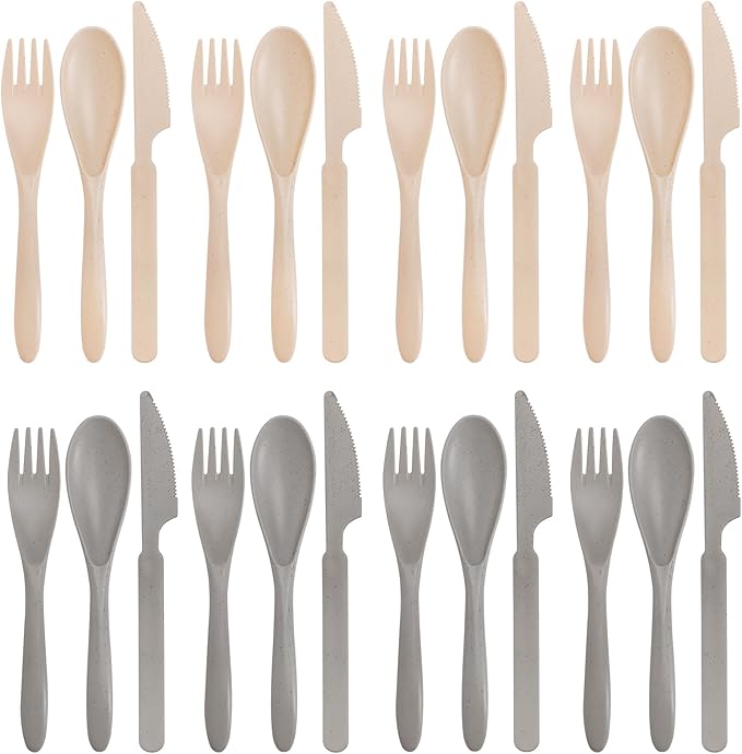 8 Sets Knives Spoons and Forks, Thickened Design Wheat Straw Cutlery, Reusable Utensils Set for Kid or Adult, Fork Spoon Knife Set for Party, Travel, Work, Picnic, Camping (Beige and grey)