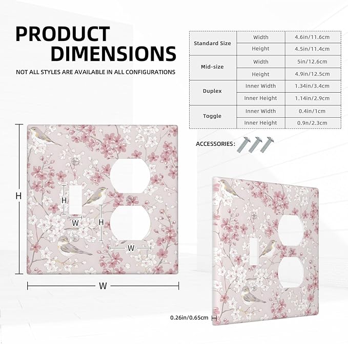 Pink Sakura Cherry Blossom Vintage Bird Floral Flower Wallplates 1 Toggle 1 Duplex Switch Plate Electrical GFCI Faceplate Decorative Light Switch Covers for Bedroom Living Room Decor