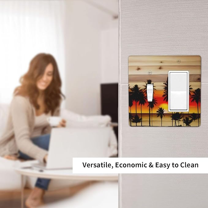 Sunset Beach Coconut Palm Tree Wooden Background Outlet Covers 1 Toggle 1 Rocker Combination Decorative Wall Plate Electrical Switch Plates Light Switch Cover Plate for Bedroom Living Room Decor