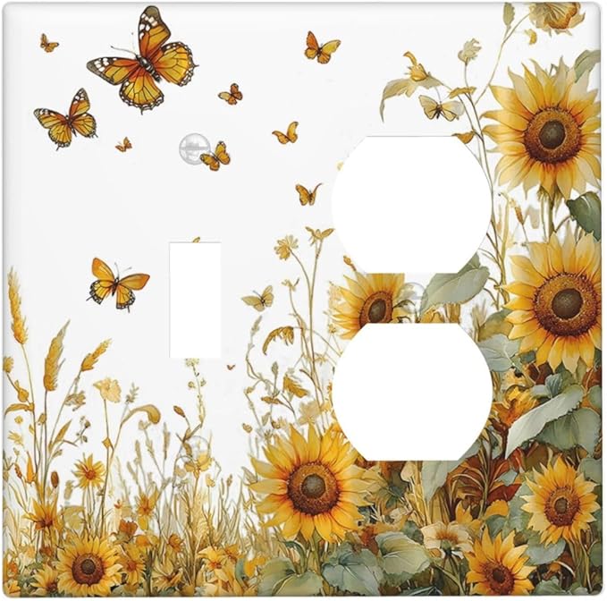 Sunflower Gold Wildflowers Summer Butterfly Wallplates 1 Toggle 1 Duplex Switch Plate Electrical GFCI Faceplate Decorative Light Switch Covers for Bedroom Living Room Decor