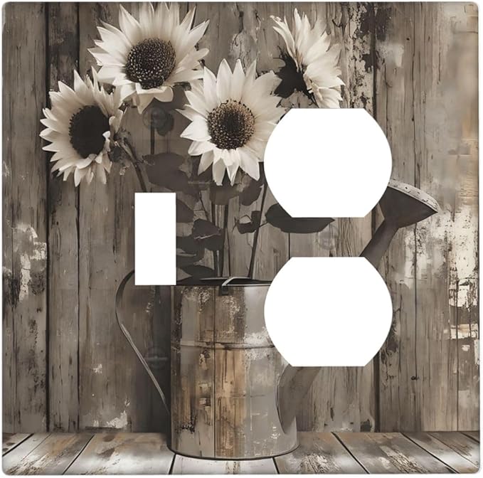 Rustic Floral Country Sunflower Daisy Old Wooden Boards Wallplates 1 Toggle 1 Duplex Switch Plate Electrical GFCI Faceplate Decorative Light Switch Covers for Farmhouse Home Decor