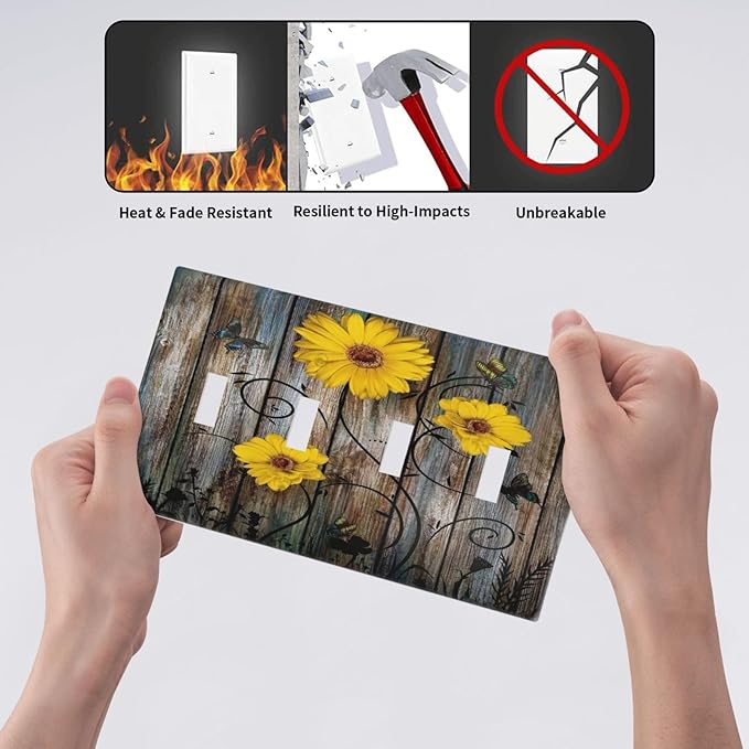 Rustic Barn Sunflower Wooden Daisy Flower Plank Light Switch Covers Quad Toggle Electrical Faceplate 4 Gang Wall Plate Decorative Switch Plates for Farmhouse Home Decor