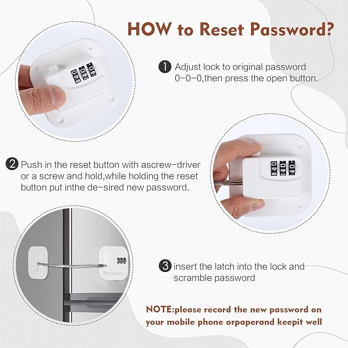 Refrigerator Lock, Combination Lock for Refrigerator Cabinets, Drawers, Heavy Duty Fridge Lock, Easy Install No Keys Needed, (White-3Pack)