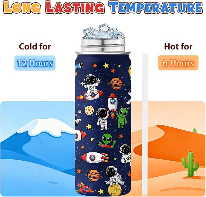 Space Astronomy Gifts for Kids - 18 Oz Kids Water Bottle with Straw Lid, Stainless Steel Insulated Tumbler, Leak Proof, BPA-Free, for Boys, School, Travel - Universe Children Birthday Gifts Cups(1pc)