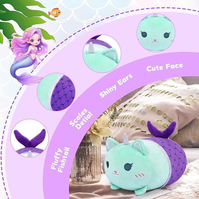 Mermaid Cat Stuffed Animal,8 inch Cute Cat Plush Mermaid Stuffed Animal Soft Cartoon Cat Plush Pillow, Kawaii Plush Toy for Kids Girls Boys Birthday