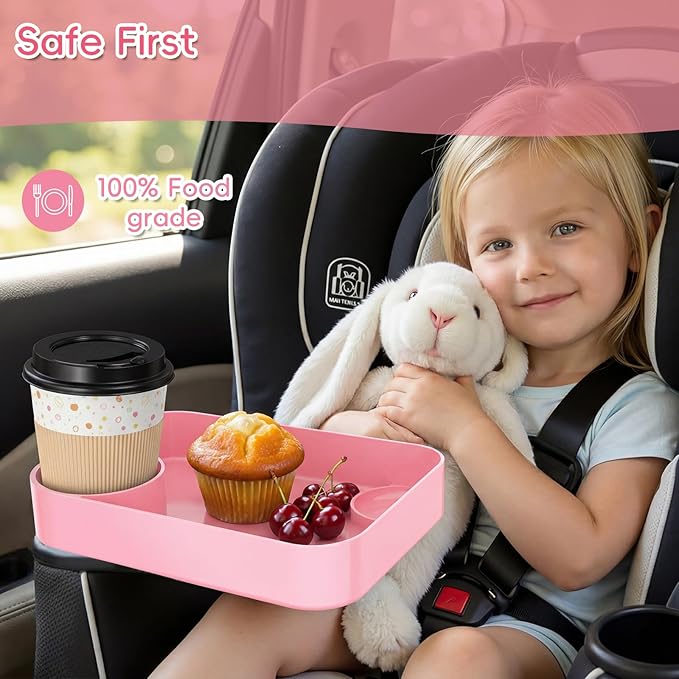 Kids Car Seat Tray, Travel Tray with Cup Holder for Toddler Baby, Kids Car Seat Food Snack Organizer for Road Trip, Stroller Snack Organizer Travel Must Haves Toddler Must Haves (Blue+Pink, 2 Packs)