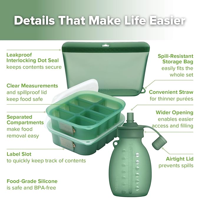 Haakaa Flexi-Prep, Store & Feed Combo, Breastmilk Storage & Baby Food Freezer Tray Set with Silicone Freezer Trays, 1000ml Silicone Storage Bag & Refillable Baby Food Pouch
