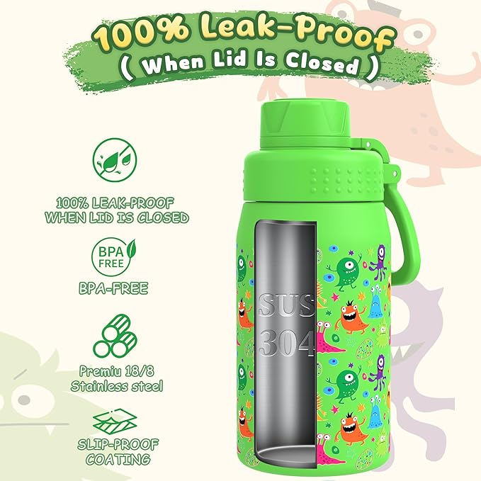 GOPPUS 15oz Kids Water Bottle with Spout Lid, Toddler Water Bottle, Stainless Steel Insulated Water Bottle, Leakproof, BPA Free, Suitable for Boys and Girls for School（Monsters）