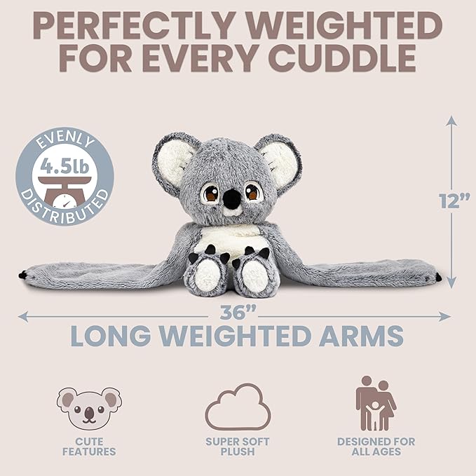 Huggle Healers Weighted Stuffed Animals for Adults, Teens and Kids - 36 Inch Long Plush Arms Grey Stuffed Animal for Hugs - 4.5lb Koala Plushies - Noa Koala