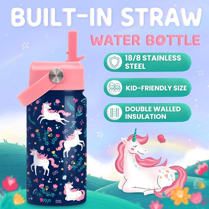 Unicorn Water Bottle - Kids Water Bottle Straw Lid - Insulated 12 Oz Stainless Steel Water Bottles for Kid Girl - Travel Cup for School Sports