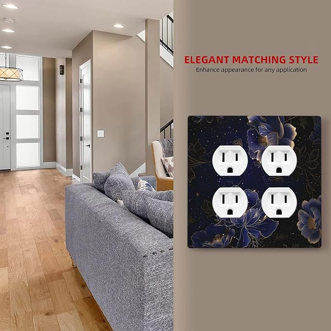 Navy Blue Floral Vintage Flower Dark Watercolor Outlet Covers 2 Gang Double Duplex Decorative Light Switch Covers Electrical Wallplates Socket Faceplate for Bedroom Living Room Decor