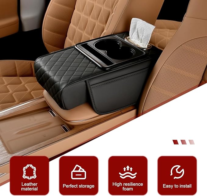 Car Center Console Cover, Upgrade 5-in-1 Genuine Leather Thickened Armrest Box, Armrest Storage Box with Cup, Universal Car Accessories Interior Organizers, for Most Cars (Black)