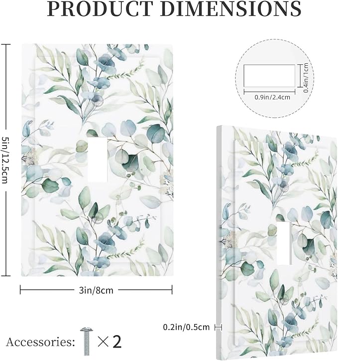 Watercolor Green Eucalyptus Leaves Decorative Single Toggle Light Switch Cover 1-Gang Wall Plate Blossom Spring Sage Botanical Plants Floral Electrical Outlet Faceplate Receptacle Cover Mid Size