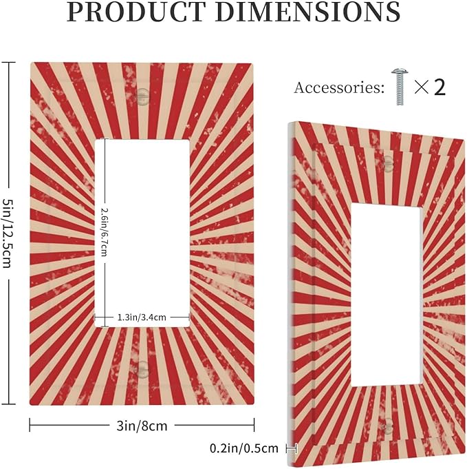 Retro Circus Sparkling Red White Lines Mid Century Decorative Outlet Covers 1 Gang Single Rocker Light Switch Cover Plate Wall Plates GFCI Faceplate for Farmhouse Home Decor