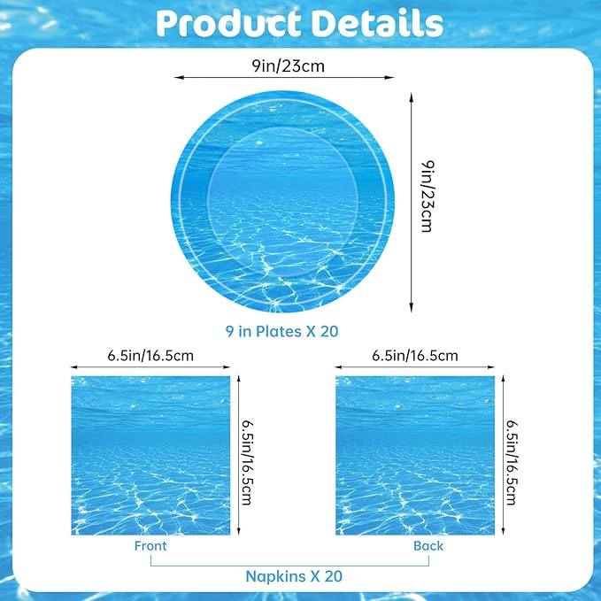40 Pcs Ocean Plates and Napkins Sets - Under The Sea Party Supplies Tableware, Blue Disposable Paper Plates and Napkins Kit for Summer Ocean Themed Party Decorations Birthday Table Decor, Serves 20