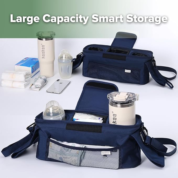 haakaa Stroll & Go Organiser - 2 Cup Holders - Bluestone, Ultimate Stroller Organizer Universal Fit with Adjustable Non-Slip Straps & Hooks, Stroller Caddy Accessories with Shoulder Strap