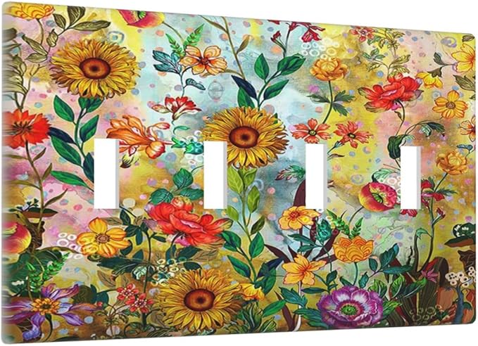 Fall Colorful Sunflower Floral 4 Gang Wall Plate Quad Toggle Light Switch Cover Decorative Outlet Covers Electrical Light Switches Faceplate for Bedroom Bathroom Kitchen Decor