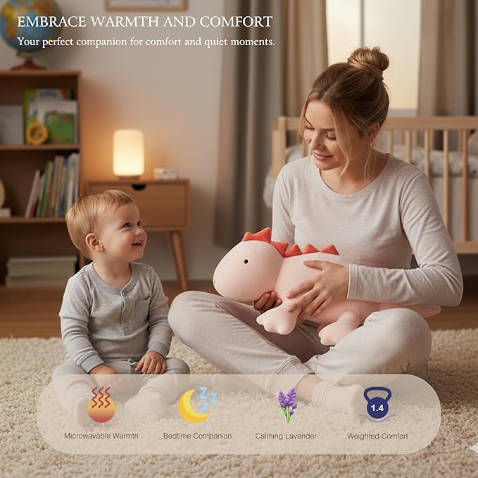 OSOCU® Microwavable Heating Pad Pink Stegosaurus Plush - 1.4 Lb Weighted Stuffed Animal Toy with Tourmaline Beads & Lavender - 16" Squished Long Dinosaur Pillow - Lumbar Back Cushion Lasting Warmth