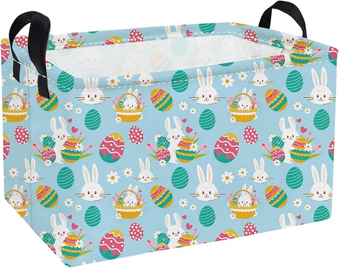 Essme Rectangular Easter Baskets,Pink Easter Storage Basket with Handles for Boys Room Decor, Girls Box,Cute Storage Bin（Blue eggs）