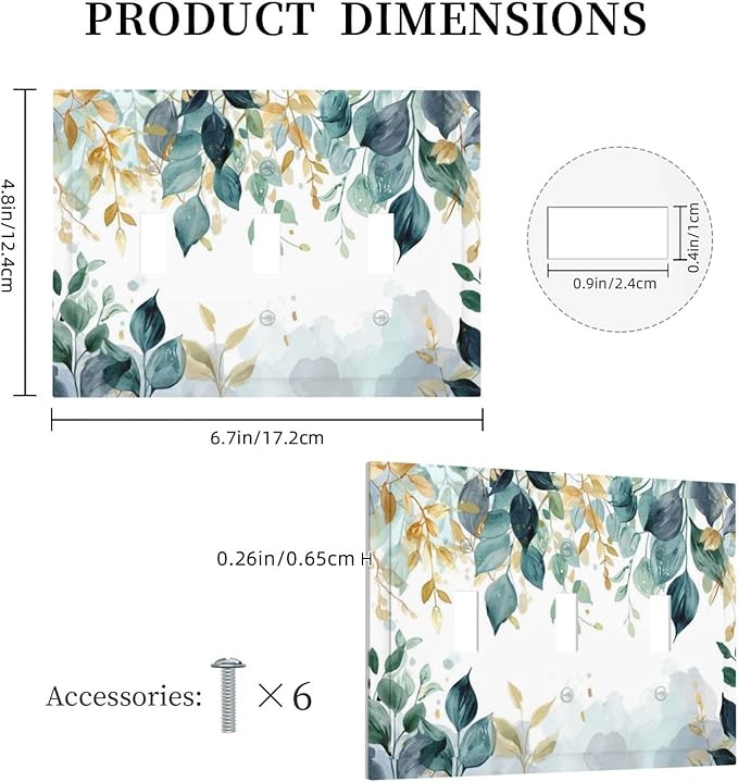Boho Goldgreen Leaf Botanical Eucalyptus Leaves Decorative Switch Plates 3 Gang Wall Plate Triple Toggle Light Switch Cover Faceplate Electrical Wall Panels for Bedroom Living Room Decor