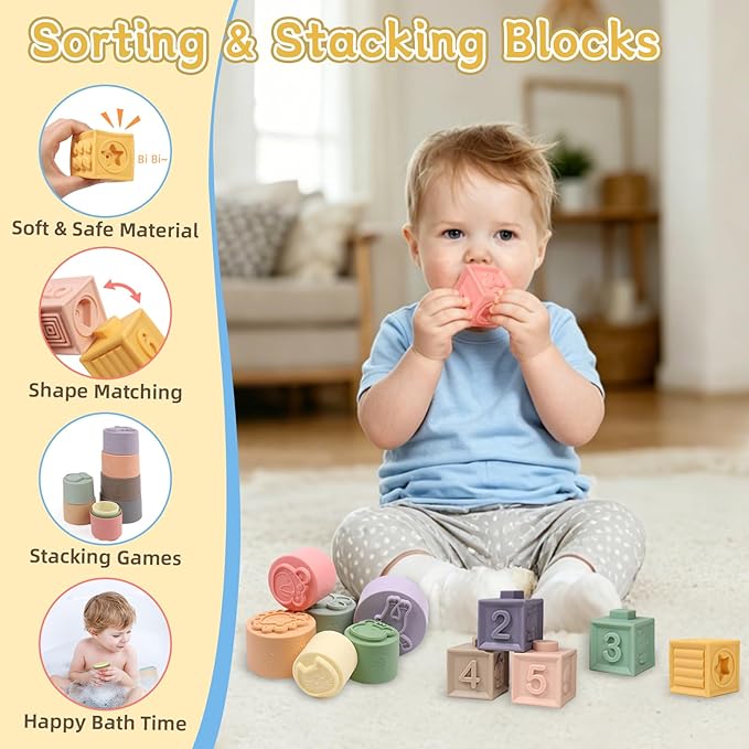 Baby Toys 6-12 Months, 6 in 1 Montessori Toys for Toddlers 1-3, Infant Sensory Pull String Toy, Fidget Spinners Soft Baby Blocks Stacking Cups, Baby Gifts for 1 Year Old