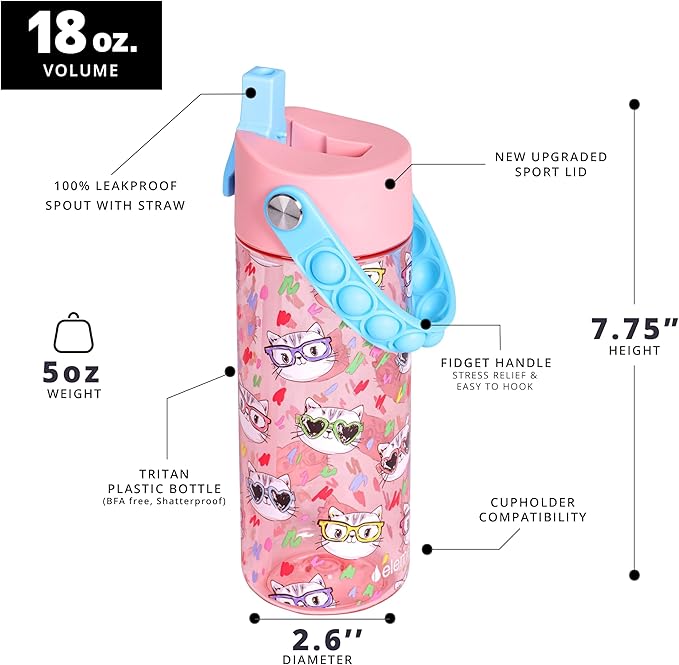 Elemental Leak Proof Water Bottles for Kids - Splash Kids Water Bottle for School with Pop-it Handle - Tritan Plastic Water Bottle with Straw - Stylish Cat & Spring Blossom - 18oz (2 Pack)