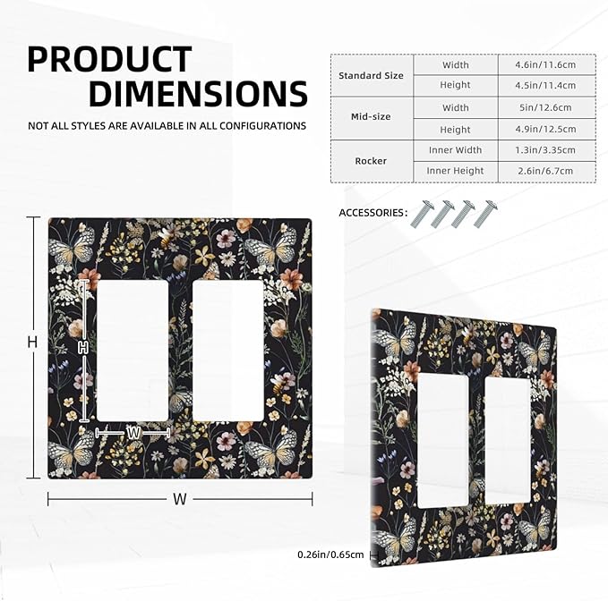 Vintage Flower Leaves Double Rocker Wall Plates Cute Bees 2 Gang Light Switch Cover Decorative Dark Backgrounds GFCI Electrical Switchplate Butterfly Dimmer Decor for Bedroom Kitchen Bathroom