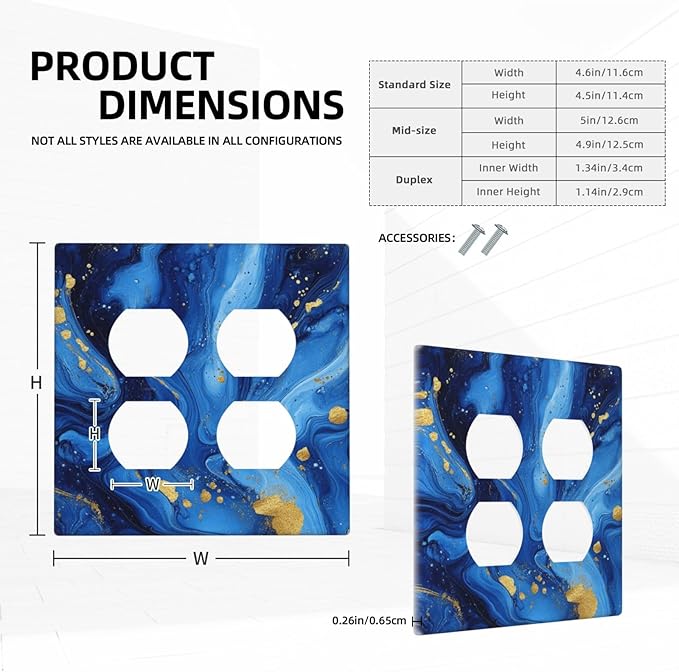 Light Switch Cover Plate Navy Blue Gold Marble Abstract Luxury 2 Gang Socket Covers Double Duplex Wallplates Switch Plates and Outlet Covers for Bathroom Home Decor