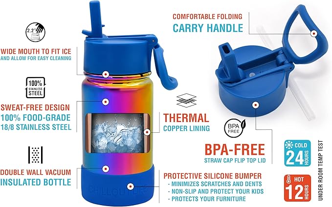 CHILLOUT LIFE 12 oz Kids Insulated Water Bottle for School with Straw Lid Leakproof and Cute Waterproof Stickers, Personalized Stainless Steel Thermos Flask Metal, Dishwasher Safe Color