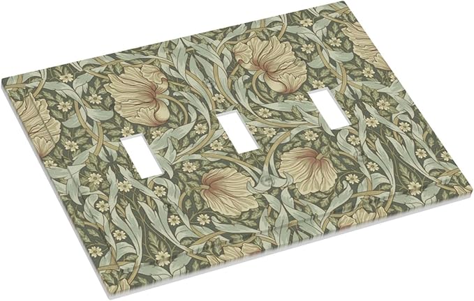 William Morris Pimpernel Flowers 3 Gang Light Switch Cover Vintage Floral Green Botanical Triple Toggle Wall Plate Decorative Electrical Switchplates for Country Bedroom Kitchen Home Decor