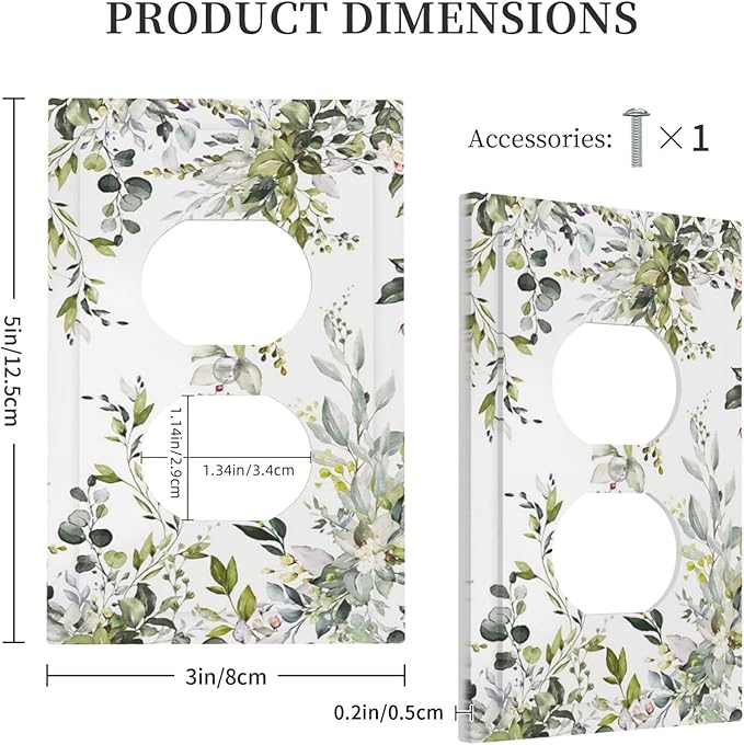Eucalyptus Sage Green Leaf Plant Floral Outlet Covers 1 Gang Duplex Light Switch Cover Decorative Switch Plates Electrical Receptacle Faceplate Wall Plate for Bedroom Living Room Decor